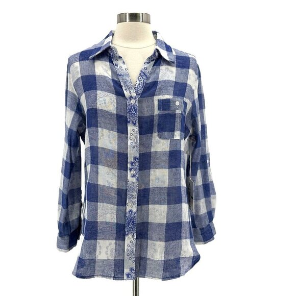 NWT Caribbean Joe Deep Surf Checker Blue White Button Shirt Top Womens Large - Picture 1 of 8